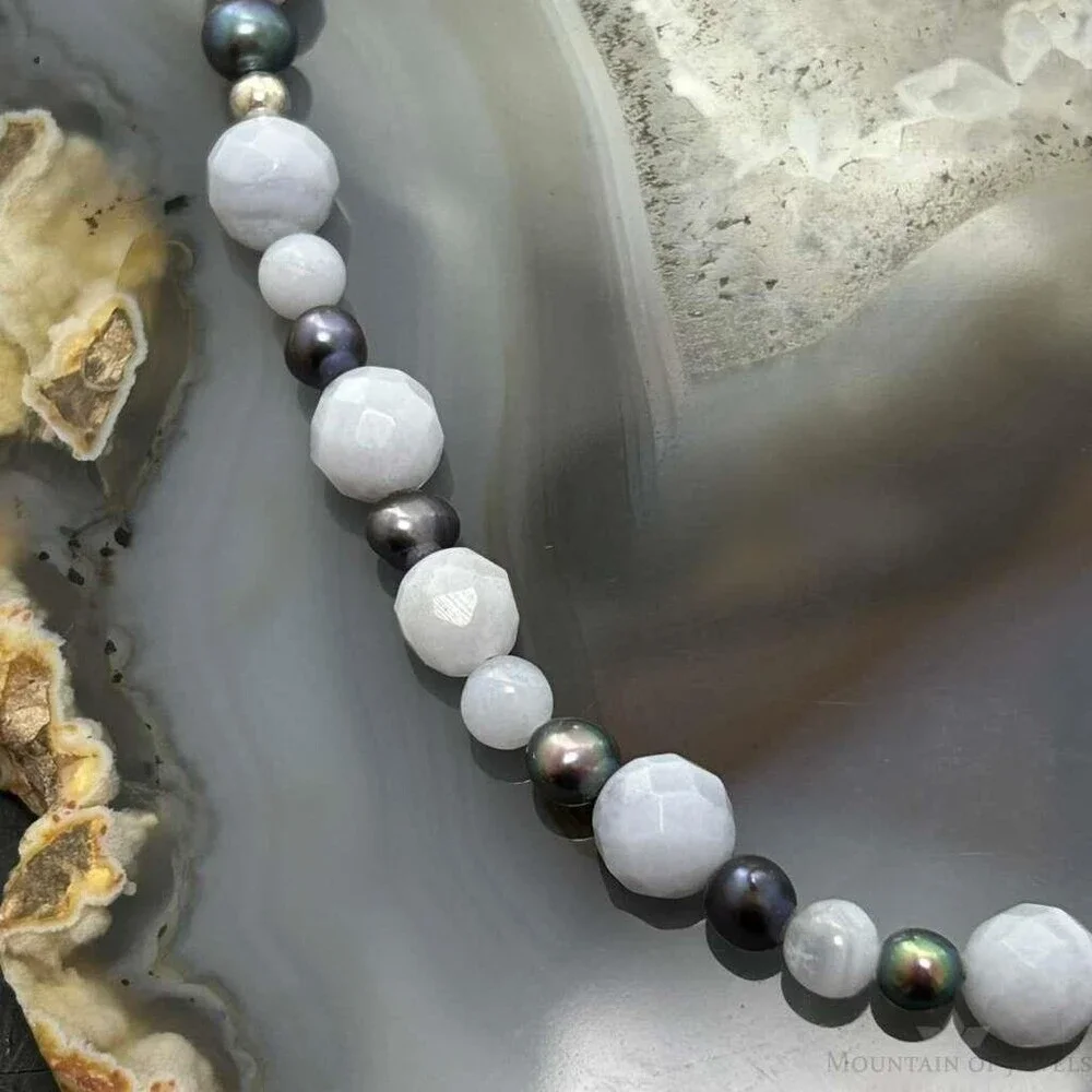 Carolyn Pollack Sterling Blue Lace Agate &Eggplant Pearl Bead Necklace For Women